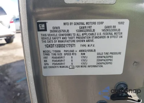 2003 GMC Envoy Slt из США, поврежденный, VIN 1GKDT13S832177971